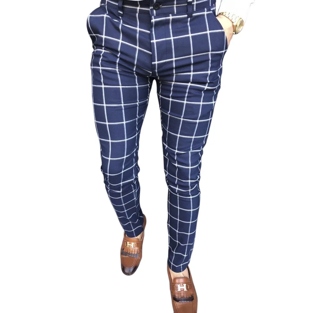 

Men's Casual Long Pants Slim Fit Plaid Print Trousers