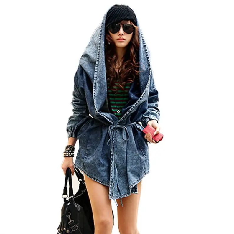 

Newest Style Lady Hooded Jeans Jacket Long Sleeve Woman Denim Jean Jacket Women, Black, blue