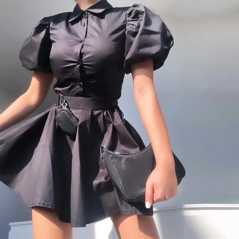 

Fashion Turn-Down NEck Button Up Swing Puff Sleeve Mini 2020 Qomens Elegant Casual Dress, Customized