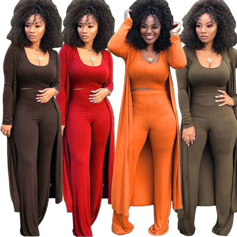 

Fashion Casual Solid Women's 3 Piece Suits Ribbed Jumpsuit With Long Coat, Pink,orange,red,gray,black,blue