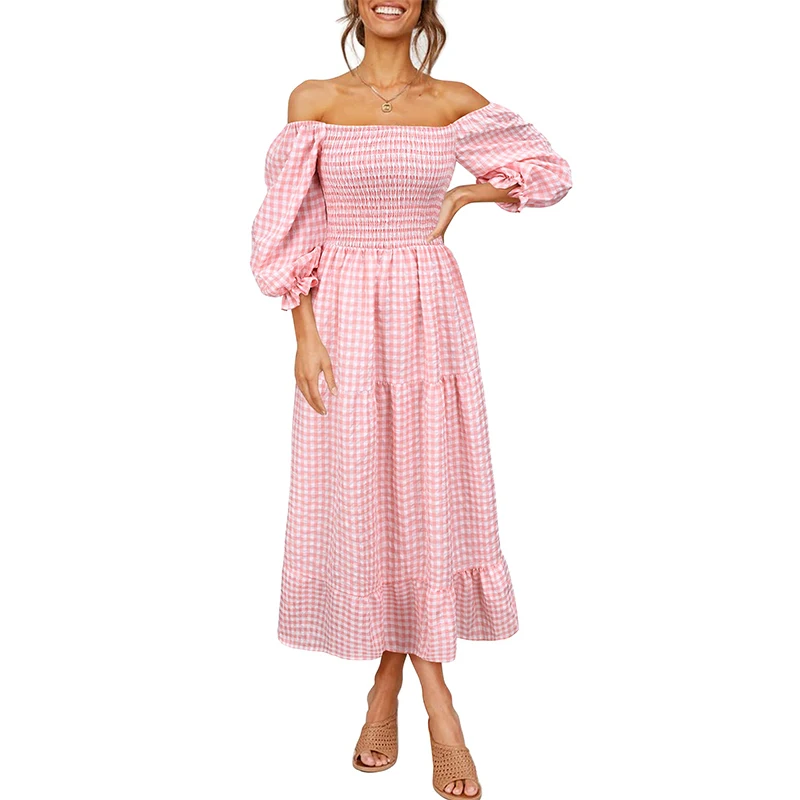 

pink fall 2021 fashion women clothes long elegant casual chiffon boho dress woman puff sleeve ladies prom party dresses, Customized color