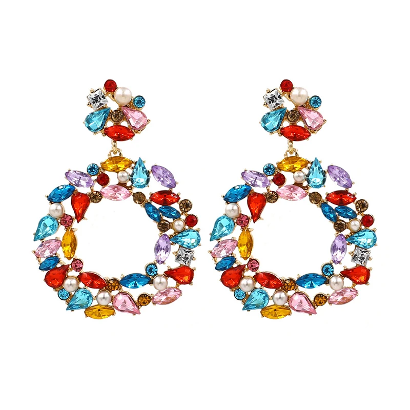 

New Multicolor Crystal Flower Earrings Women Fashion Bohemian Pearl Statement Big Drop Earrings Jewelry (SK673), As picture