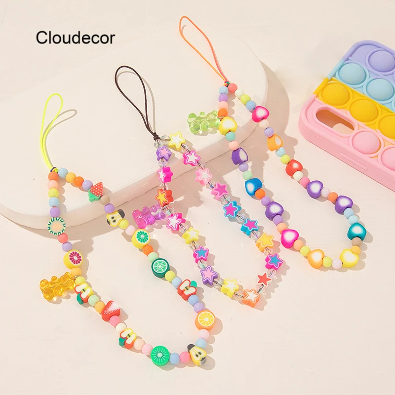 

Women Star Mobile Phone Fruit Strap Lanyard Colorful Soft Rope Bear Charm Hanging Cord Lanyards Clay For Cell Phone Case