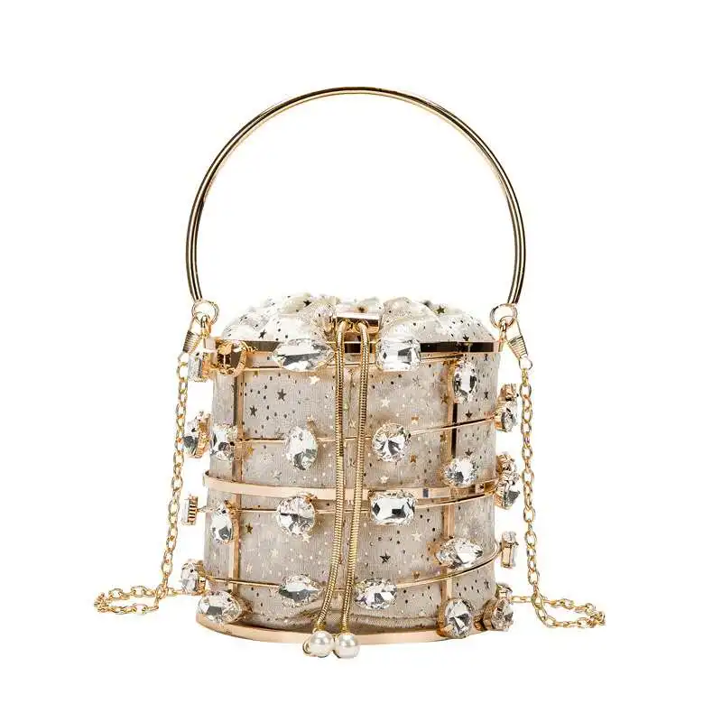 

Bucket Evening Clutch Bag Metallic Handbag Female Party Pearls Shoulder Crossbody Bags Mini Pearl Hollow Diamonds Alloy Women, Customized color