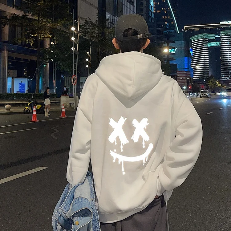 

JY040 Loose large size hooded Smiley reflective men graphic hoodies plus velvet thick streetwear hoodie, Picture shows