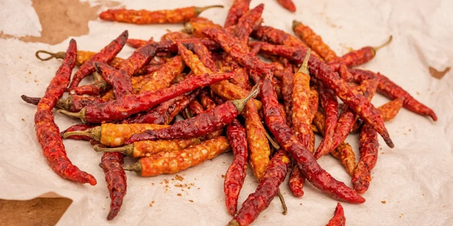 Dried chiles stored in labeled mason jars inside a pantry cabinet