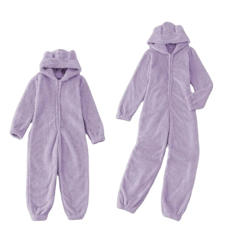 

Free Shipping Mom And Me Purple Rompers Plush Hooded Jumpsuit Casual Home Loungewear, Picture showed