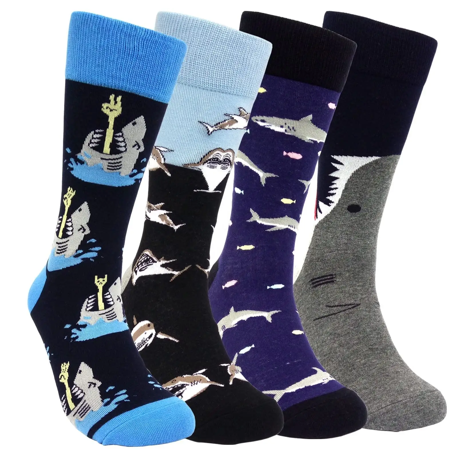 Wholesale Fun Crazy Shark Graphic Cotton Crew Socks for Men Funky Novelty Summer High Quality Custom Logo Minimum 10 Pairs