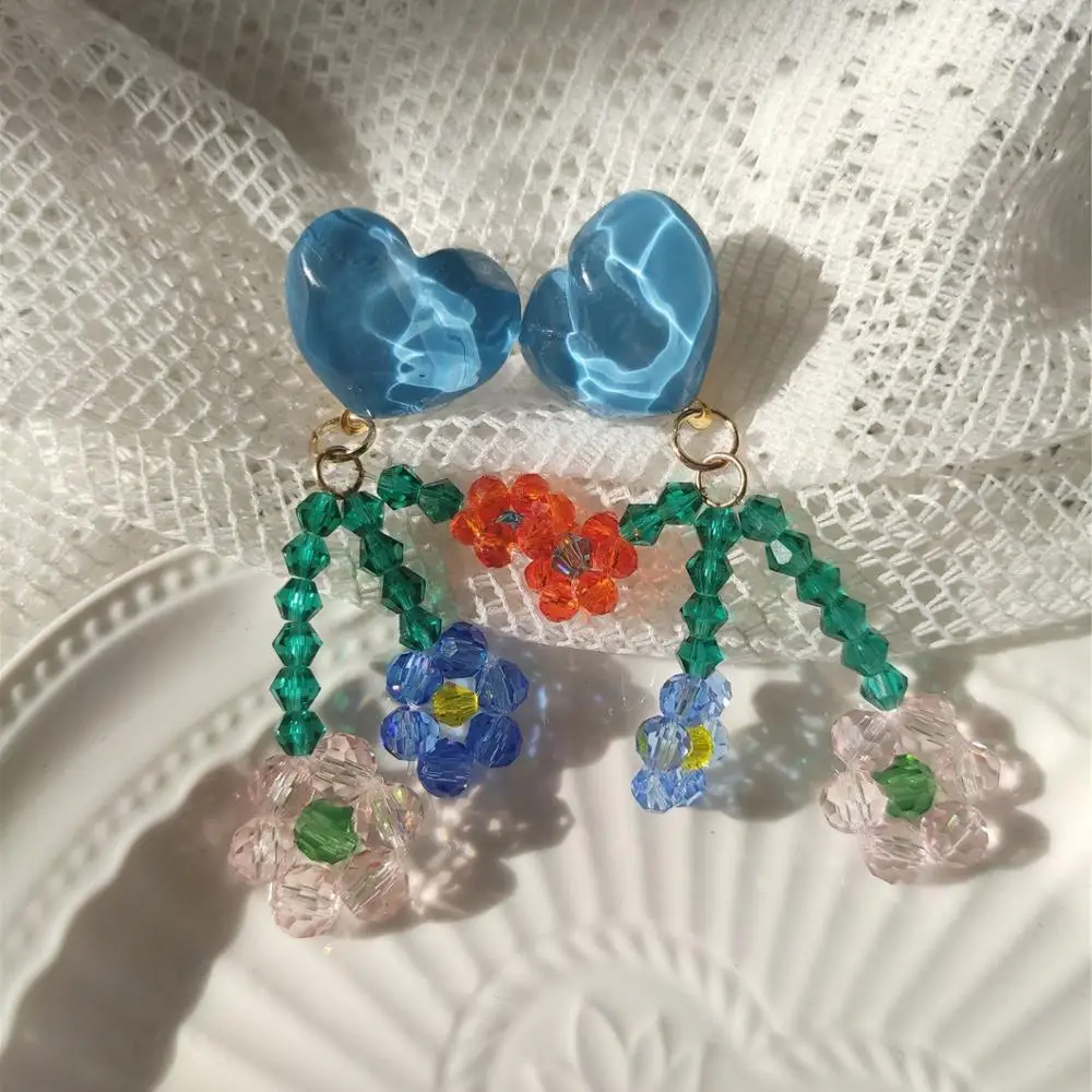 

JUHU New blue love beaded small flower earrings cute and fresh girly earrings acrylic jewelry wholesale