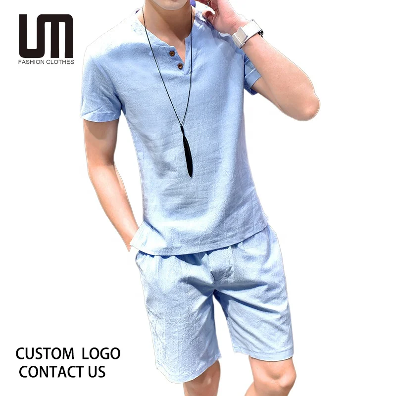 Liu Ming New Korean Fashion Spring Summer Men Casual Solid Color Suit Cotton Linen 2 Piece Short Sleeve T Shirt Shorts Set