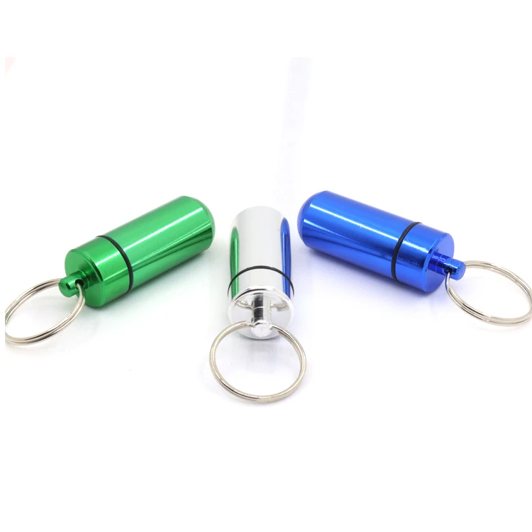 

Wholesale Outdoor Camping Aluminum Material Waterproof Empty Pill Box Keychain Empty Pill Box Keychain, Green,silver,yellow,black,red,purple