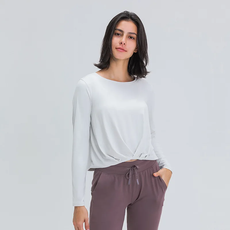 

Sanded nude yoga long sleeves t shirt fashionable and versatile folds on the front hem loose yoga clothes women casual outfit