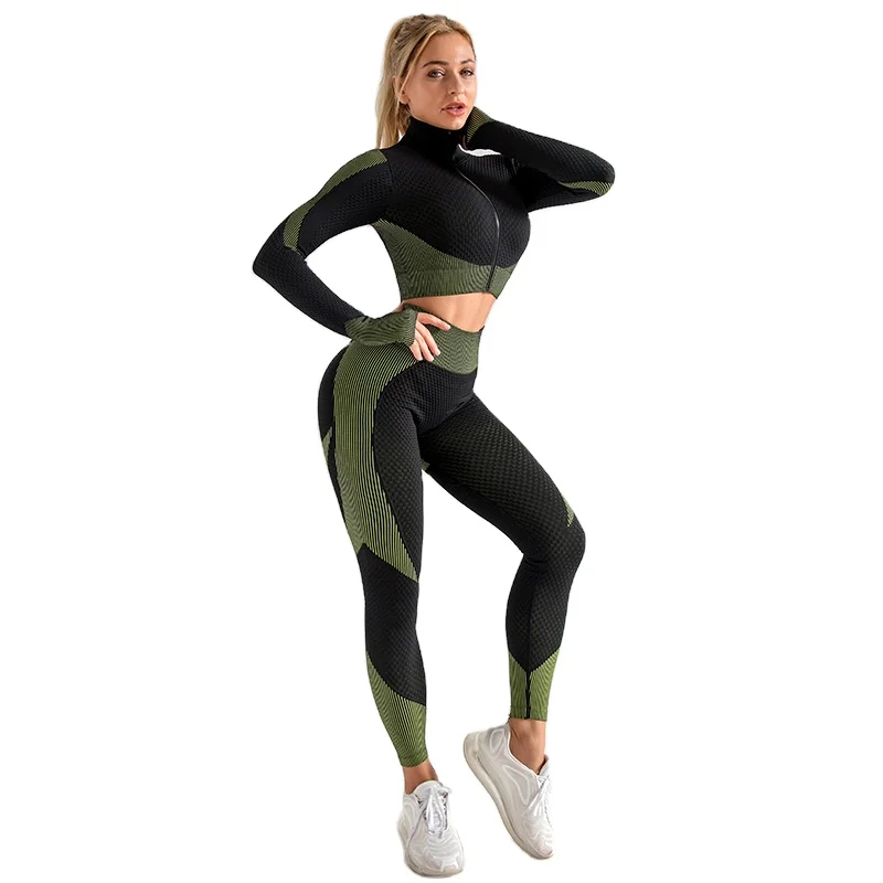 

Jacquard seamless zipper yoga suit suit women knitted hip elastic stretch pants sports yoga 2 piece set