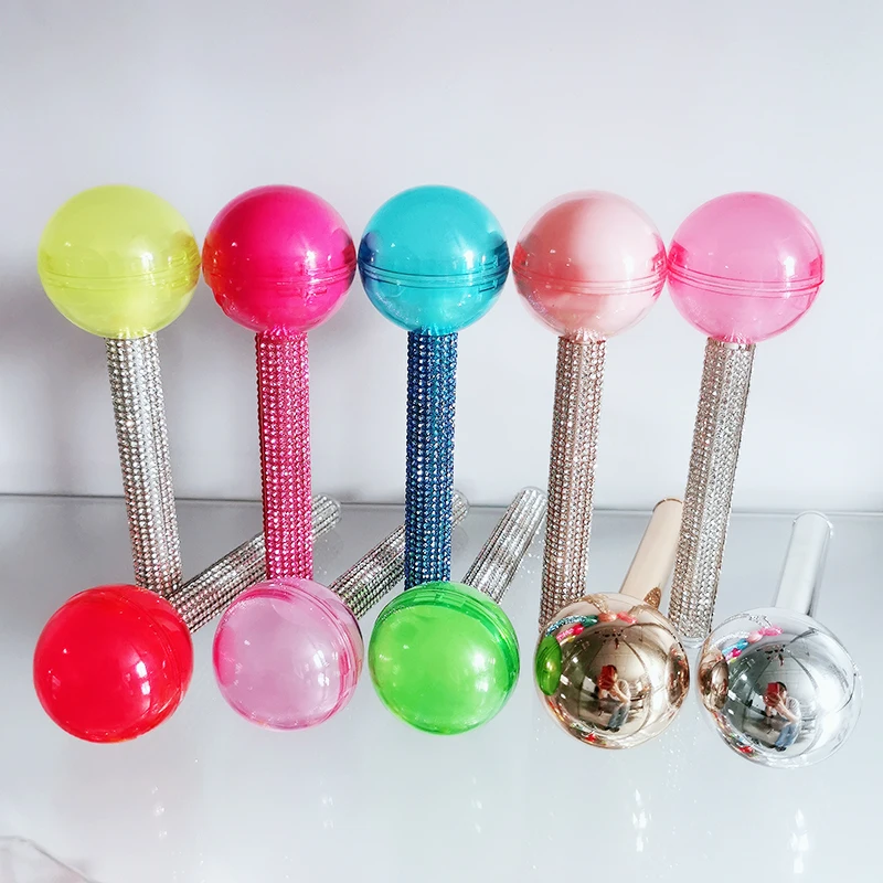 
New cosmetic container lollipop shape empty hand glued rhinestone or rainbow leather custom lipstick lip gloss tube 