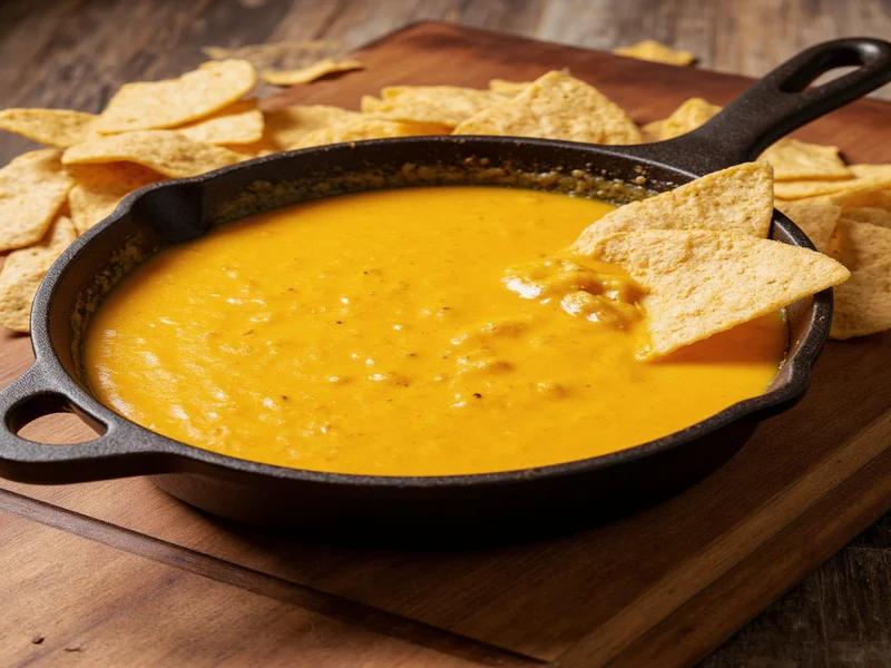 Homemade queso dip in cast iron skillet with tortilla chips