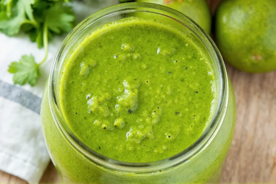 Jar of sofrito verde on pantry shelf