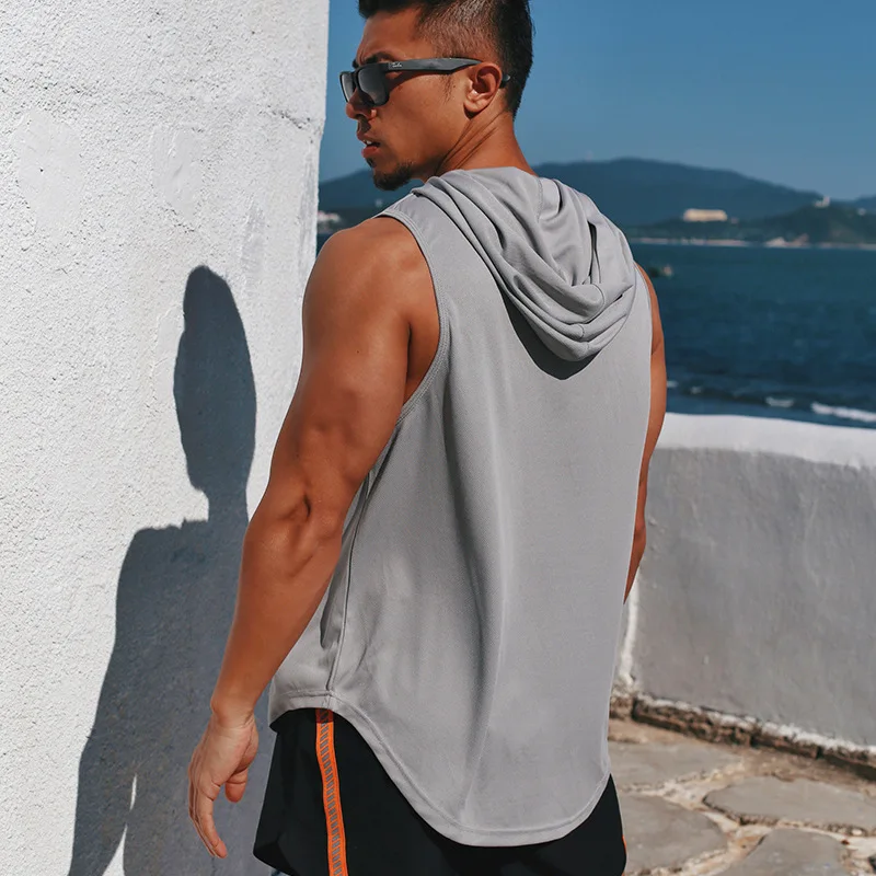 

Latest mens fitness sweatshirt Breathable quick-drying gym training undershirts vest Hooded tank top mens workout shirt