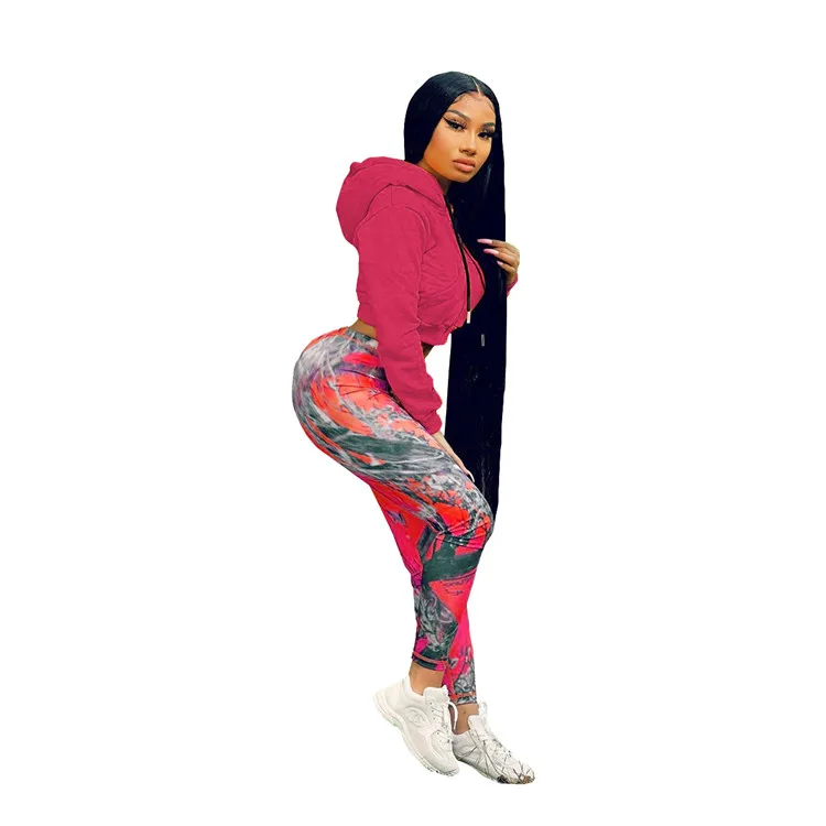 

Low Price women hot selling fleece jacket jogging long sleeve skinny printed pants suit