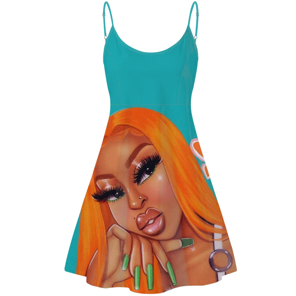 

African Orange Hair Girl Pattern Woman Dress 2021 Sexy A-line Dress Sleeveless Womens Spaghetti Strap Woman Short Plus Dress, Customized color