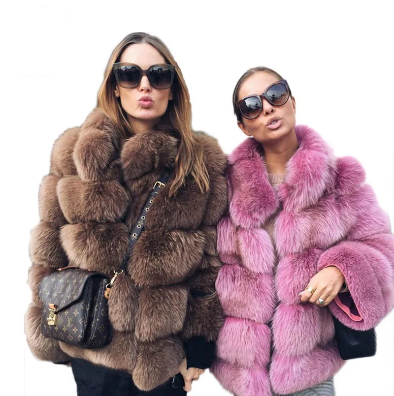 

Women Custom Winter Eco Recycle Sustainable Artificial Faux Mink Fox Fur Stand Collar European Style Coat With Fur, Customized colors