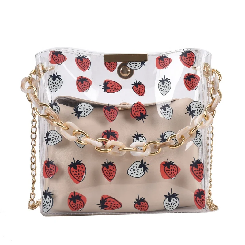 

2021 Fashion Strawbery Cartoon Print Acrylic Chain Handbags Cross Shoulder Bag Women Clear PVC Transparent Handbag