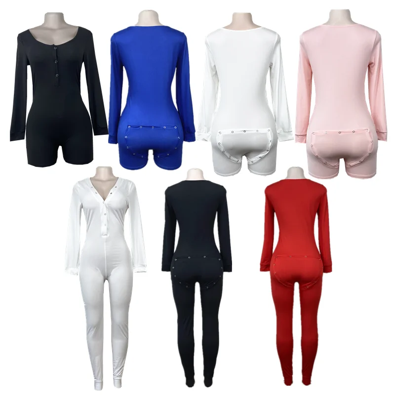 

Wholesale Solid Color Onesie Pajamas Jumpsuit For Women Plain Long Sleeve Onesie With Butt Flap Onsies, Black, red, white, pink, blue, yellow