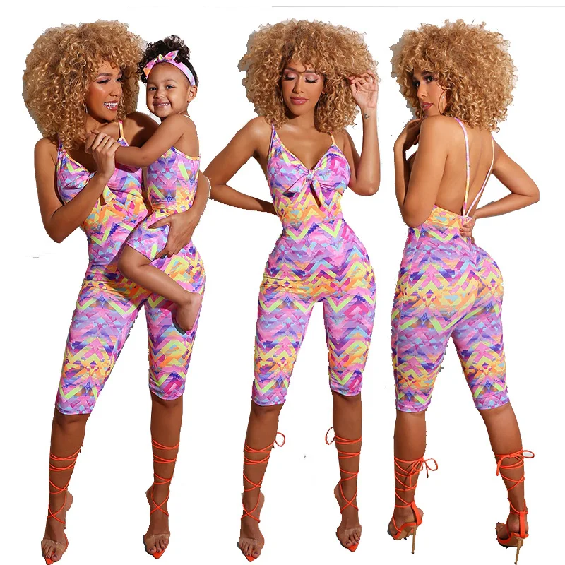 

2021 New Fashion Summer Mommy And Me Outfits Suit Backless Printed Family Matching Clothes One Piece Jumpsuit & Rompers