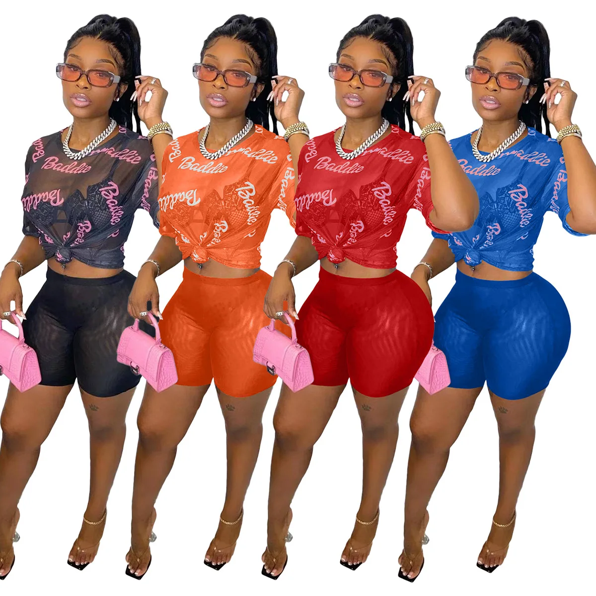 

A1185 - shorts and top fashion sexy short sleeve mesh printed see through sheer women two piece set clothes