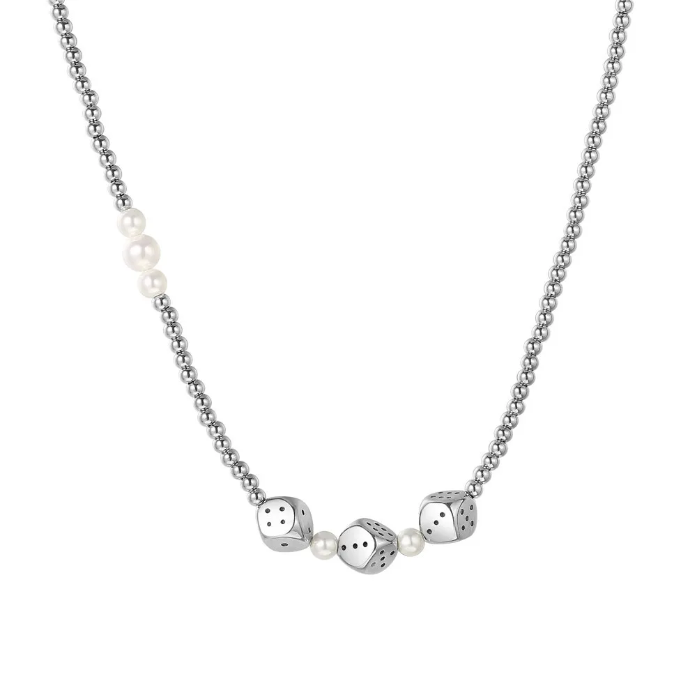 

Hip hop stainless steel pearl rosary chain dice pendnat necklace, As picture shows