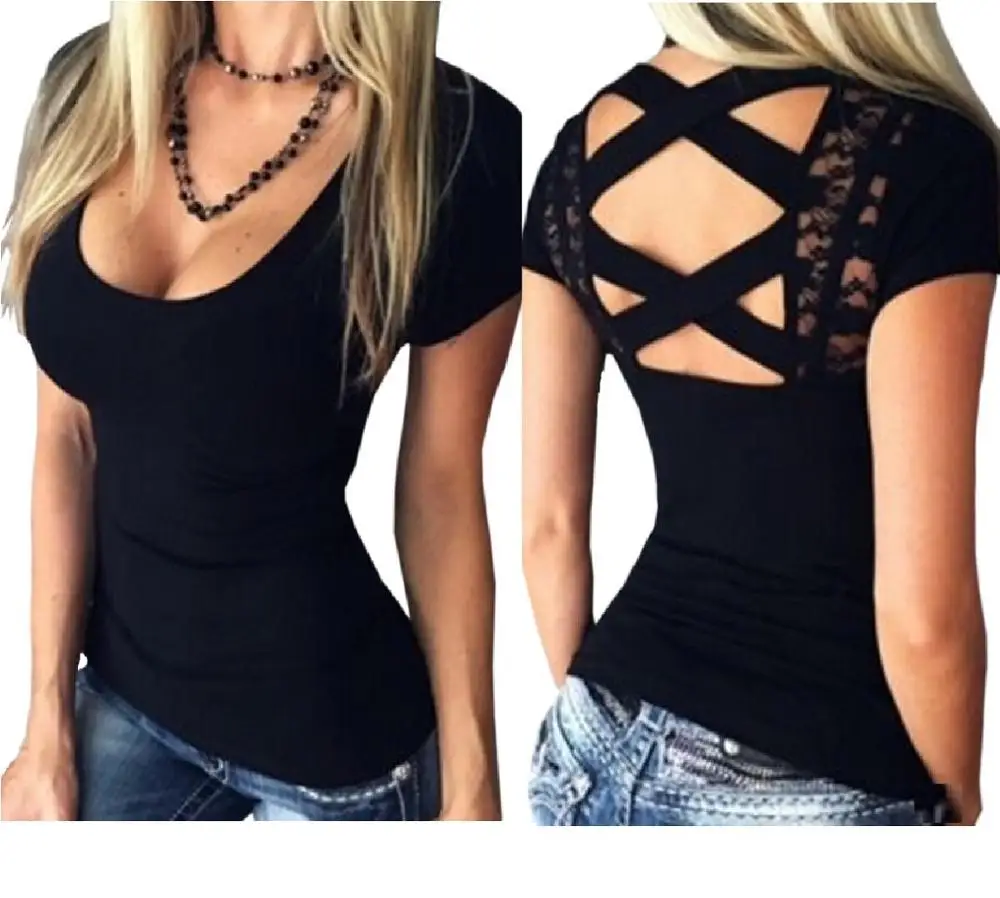 

2019 Summer Fashion Women T-Shirts Long Sleeve Sexy Back Cross Loose Sexy T-Shirts Women Lace Up Hollow Out Tops Tees T Shirt, As the pictures shown