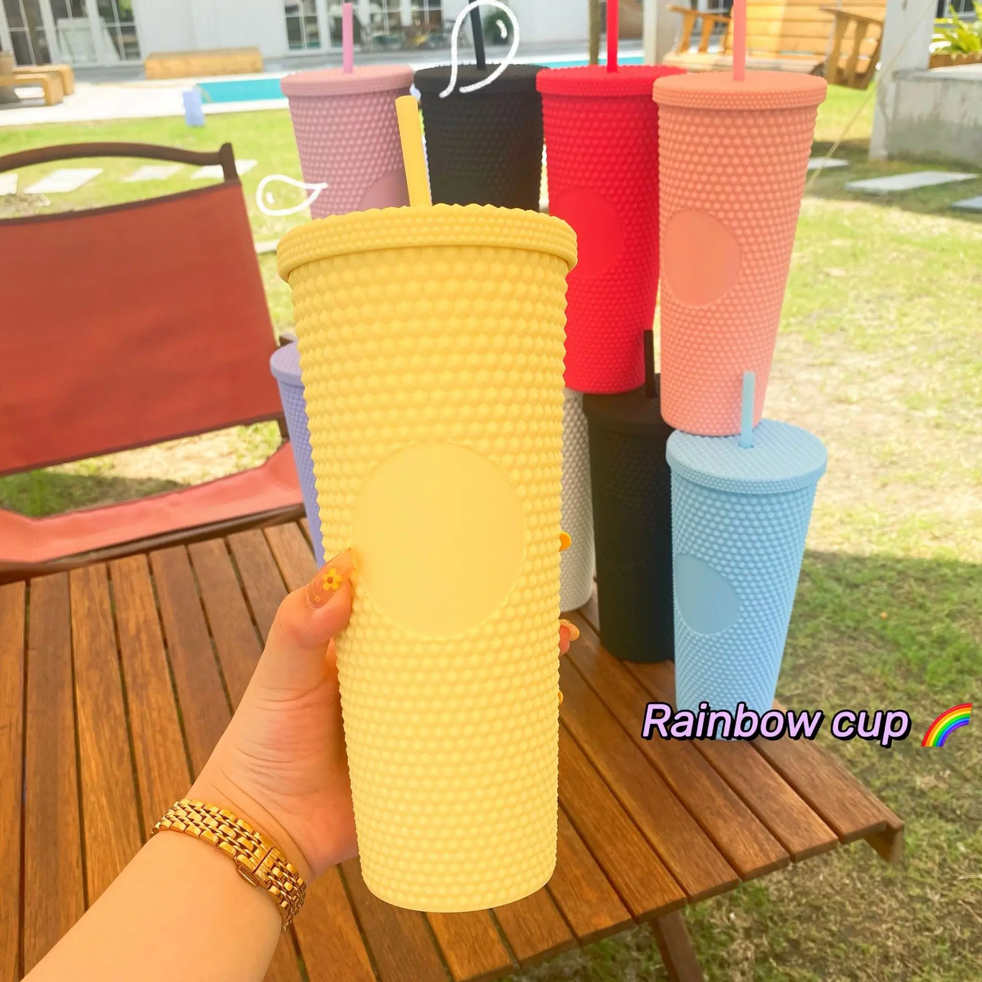 

Reusable Drink Water Cup Custom Logo Colorful Bling Double Wall Matte Plastic Mug 24oz Studded Tumbler Coffee Cups With Straw