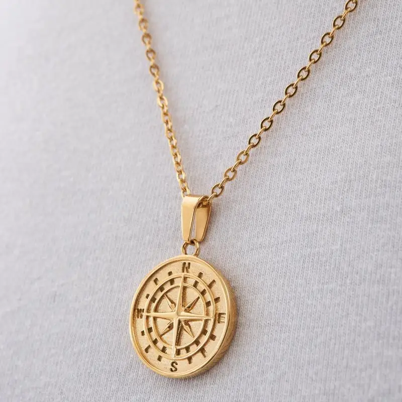 

Christmas Gift 18K Gold Compass North Star Pendant Chain Anchor Jewellery Custom Stainless Steel Compass Necklace For Men