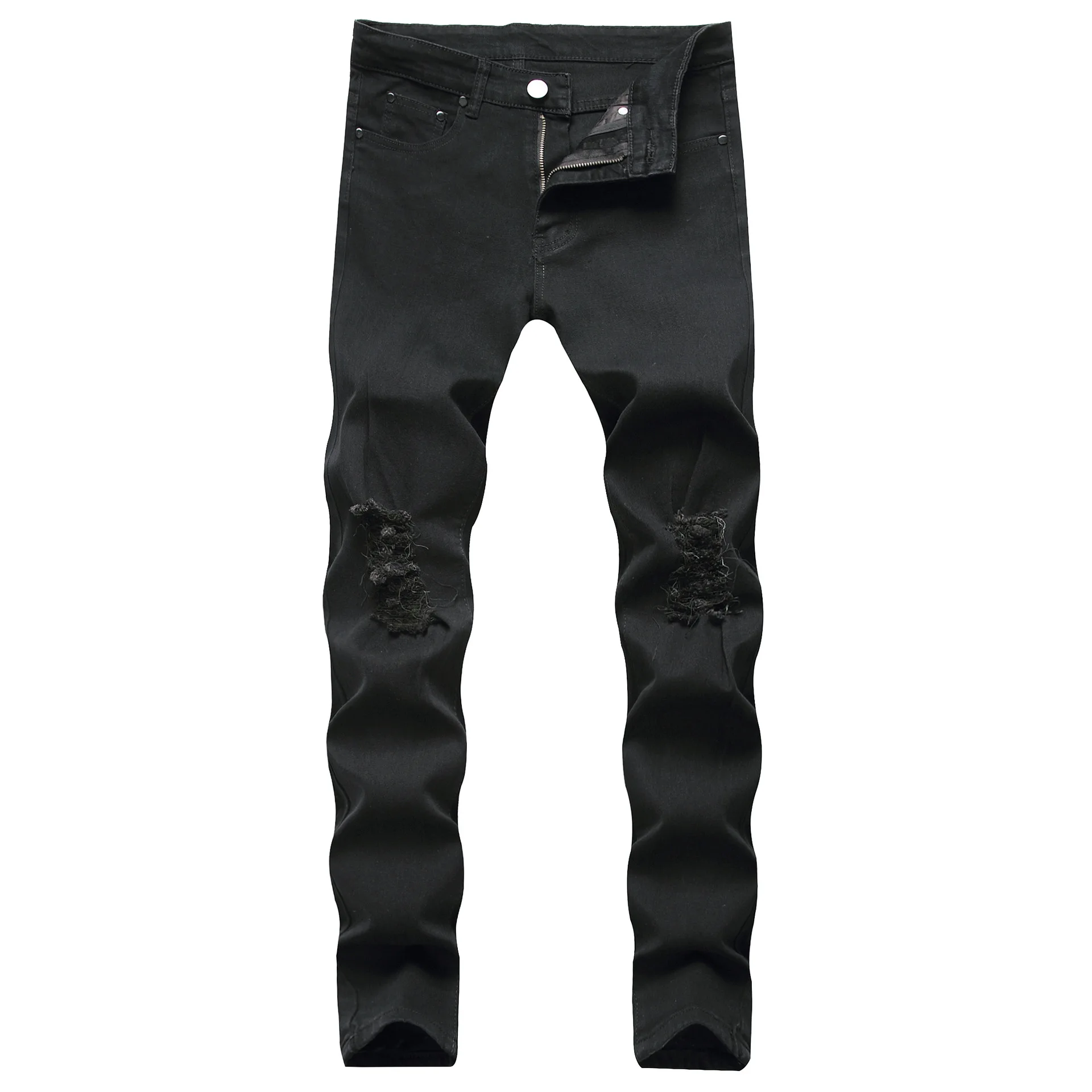 

Plain Dyed Ripped Denim Mens Jeans Slim Fit Pencil Pants Black Stretch Korea Style Big Pocket Small hem Tape Jeans Skinny