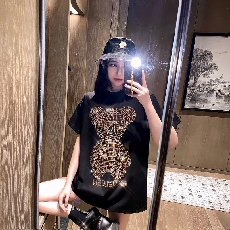 

Women Print letter Oversize Sequined Top Short Sleeve Bling Shiny Top Lady sparkling Hot drilling T Shirt graphic Tops for Woman