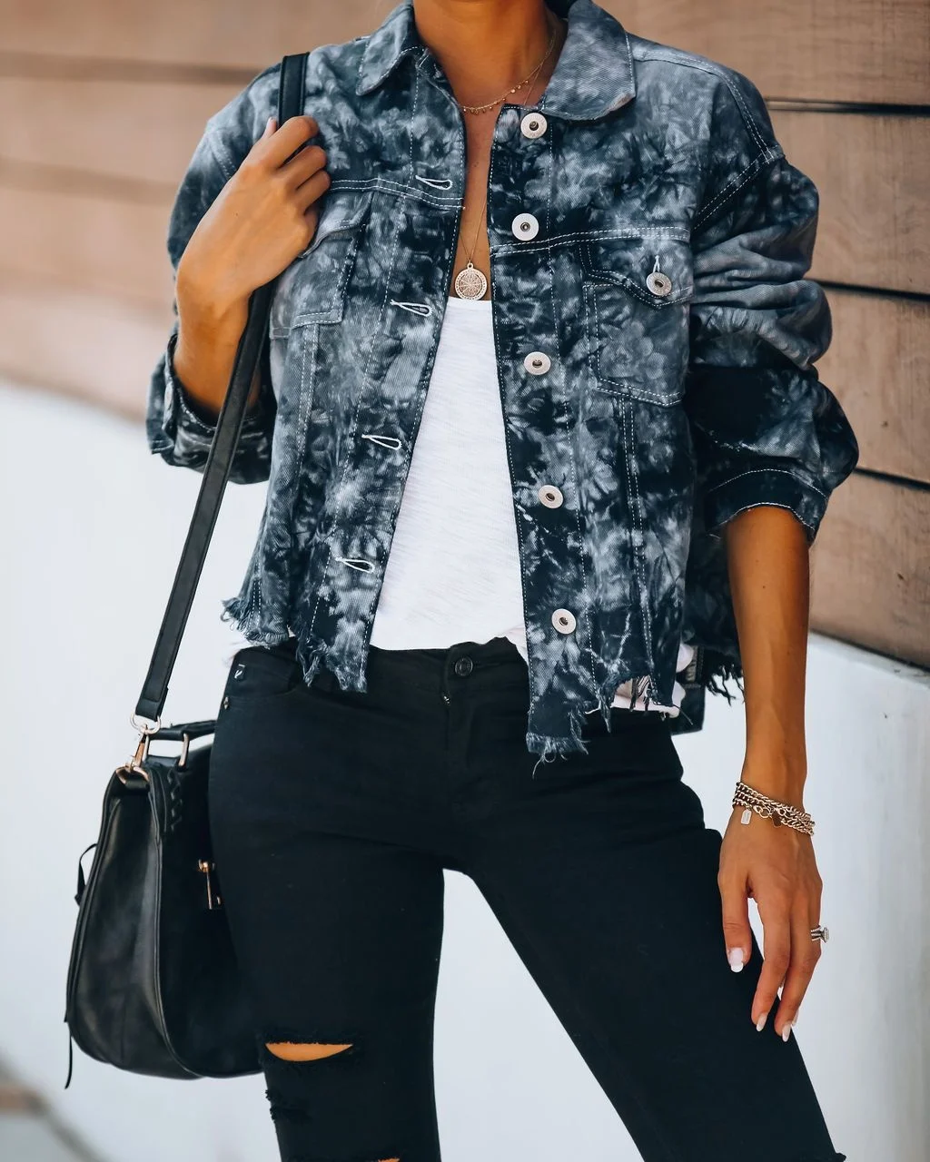 

Fashion Women Short Denim Jacket Loose Irregular Denim Coat Fringe Tie Dye Jean Jackets For Ladies, As pictures show