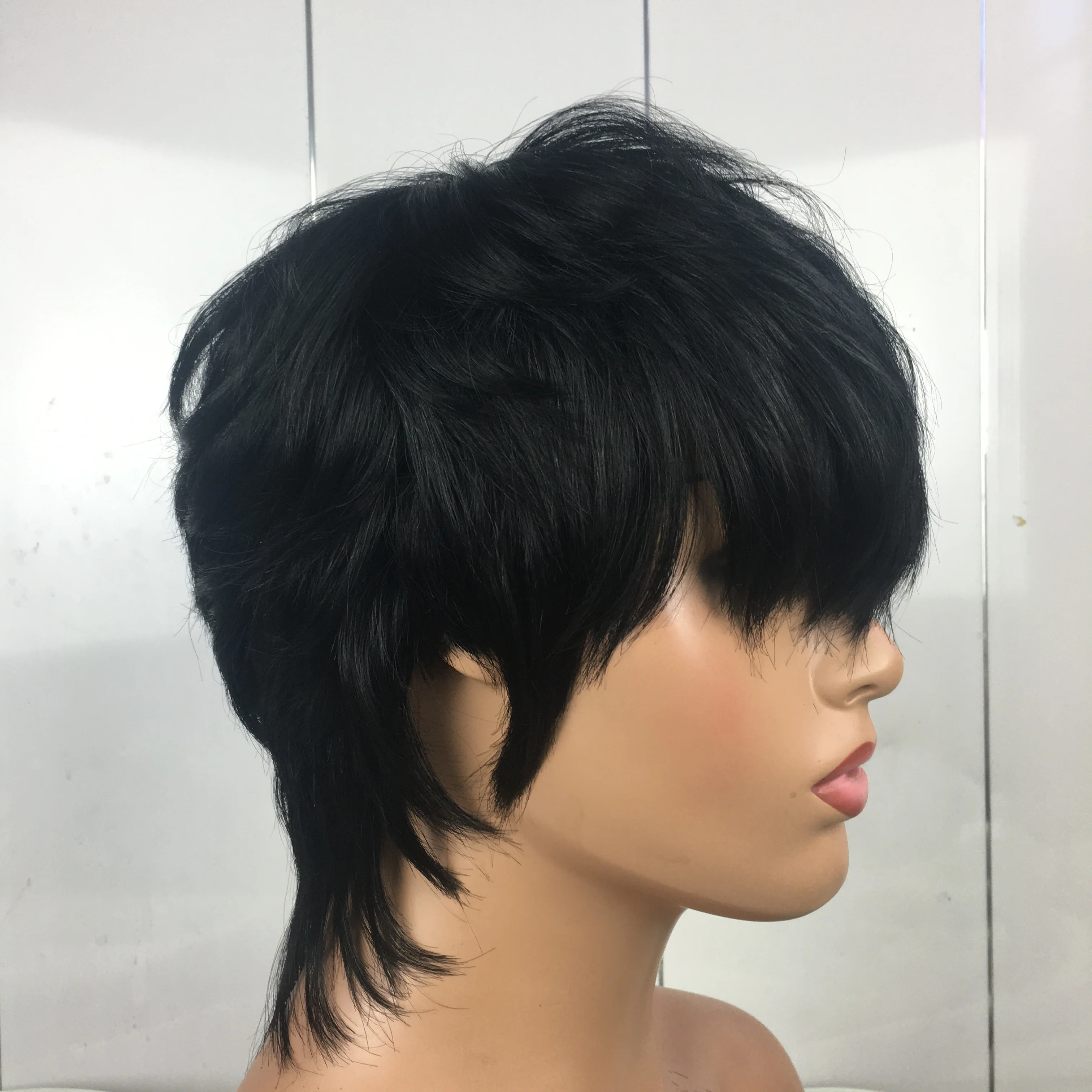 

Highlight and Black Color Human Hair Wig for Women Short Pixie Cut Machine Made No Lace Wigs, Black and highlight