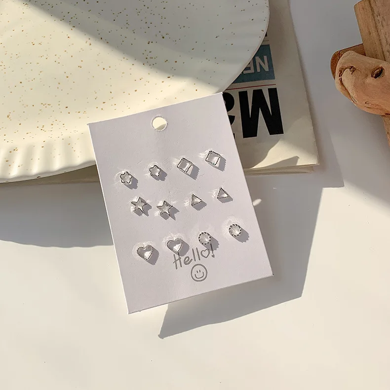 

6 Pairs/Card New Ins Fashion Silver Stud Earring Set Samll Simple Geometic Mini Student Cute Earrings Jewelry