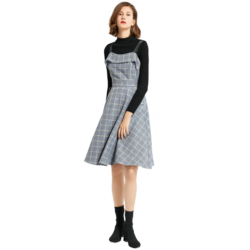 

Vintage plaid condole belt dress high-waisted a-line dress