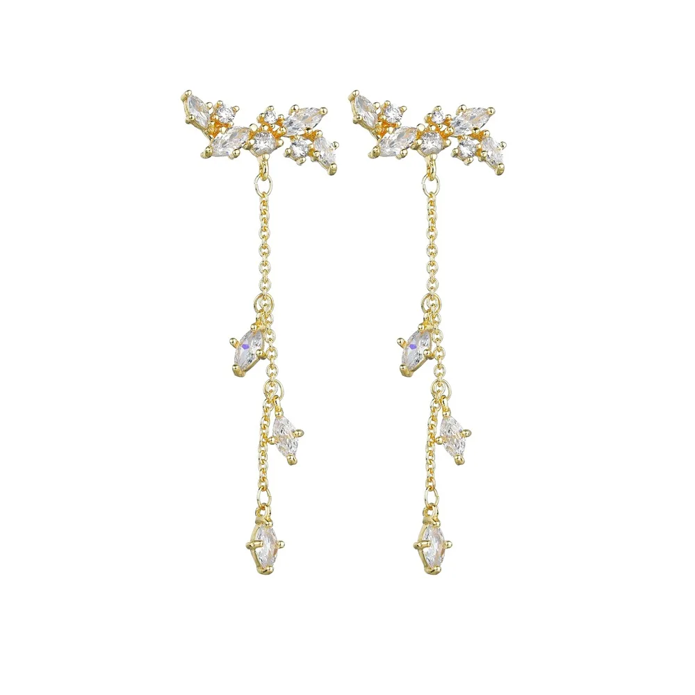 

925 Sterling Silver Flower Long Tassel Earrings Zircon Crystal Dangling Earing Earrings For Women Party, As pic shown