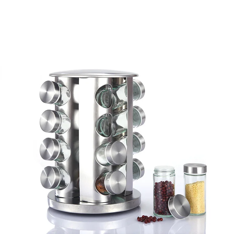 

360 Degree Stainless Steel Rotating Spice rack organizer with 16 Seasoning Jars, Cylindrical Rack