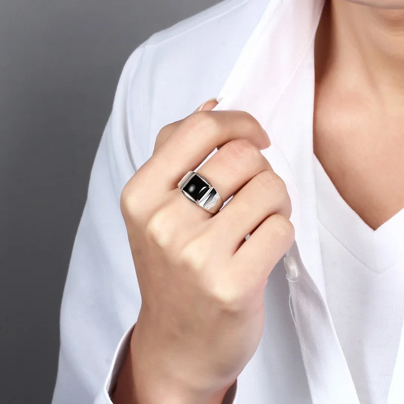 

2021Fashion gemstone sterling silver band ring black onyx 925 silver baguette ring silver open ring wholesale, Silver color