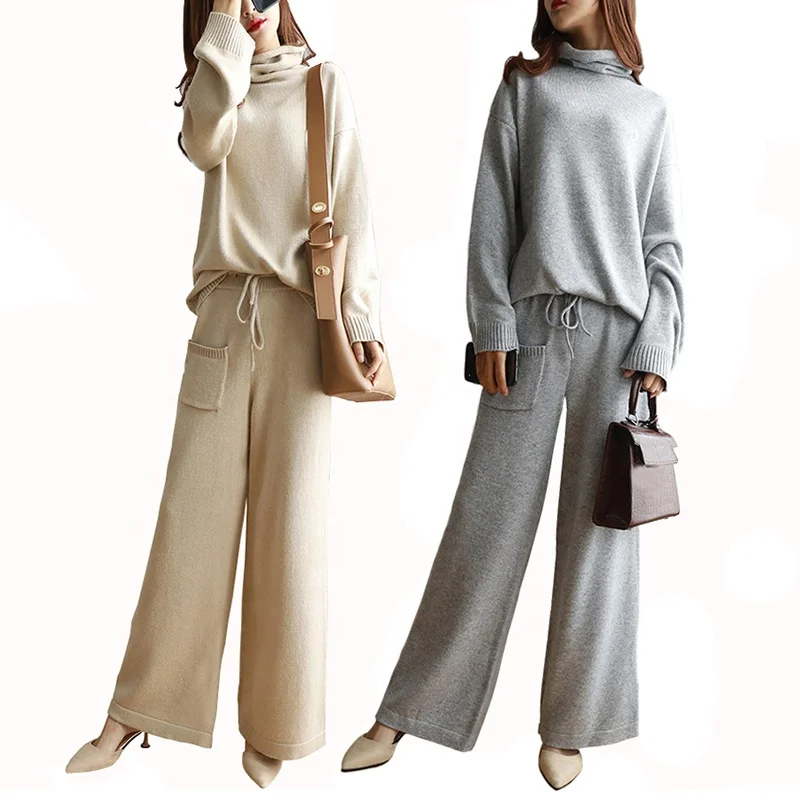 

2020 Fashion Women's Turtleneck Knitwear Drawstring Knitted Trousers W/Pocket Solid Color Womens Sweater Pants Set, 5 solid colors as shown