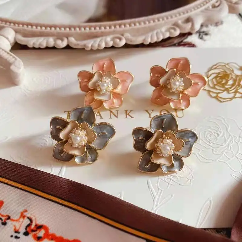 

New French exquisite enamel flower pearl S925 earrings jewelry, Pink,grey