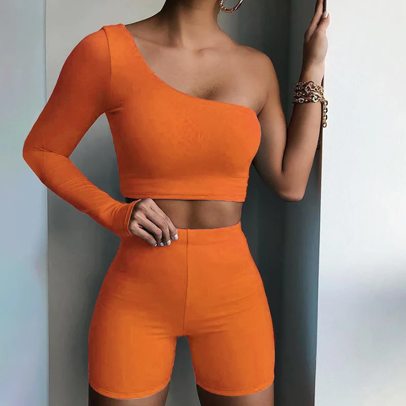 

Casual Female Outfit Solid Asymmetrical Two Piece Sets Women Tracksuit Crop Tops Elastic Bike Shorts Sporty Matching Suits, Pictures showed