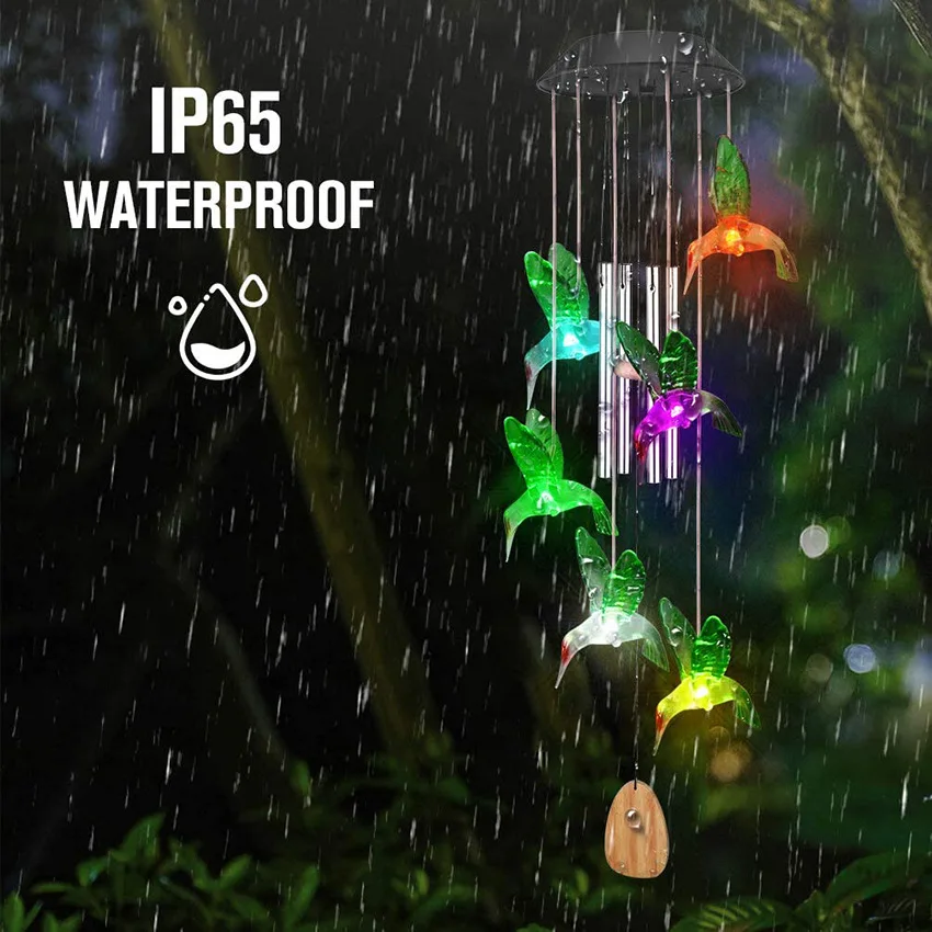 

F379 Color Changing Solar Wind Chime Outdoor Waterproof Hummingbird LED Solar Lights Solar Hummingbird Wind Chimes, As pic