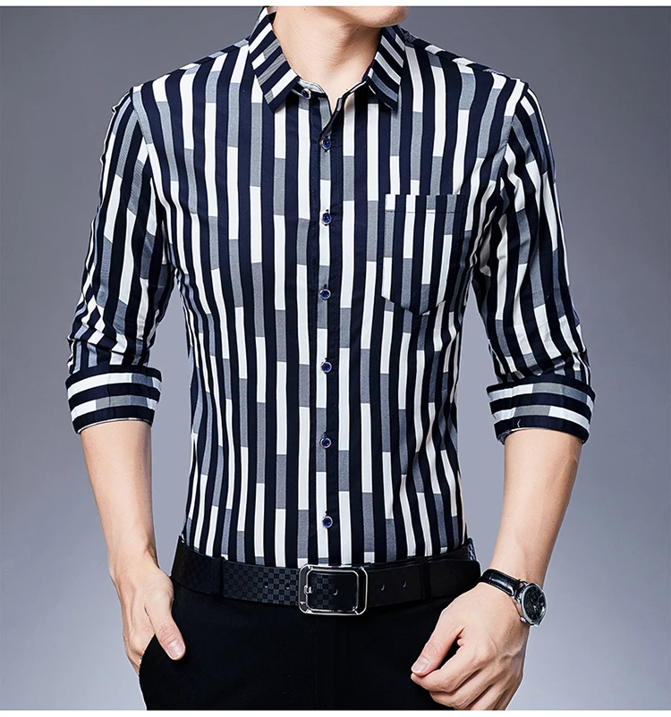 New Design White Black Striped Men's Cotton Stylish Casual Long Sleeve ...