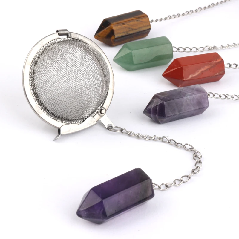 

Stainless Steel Wire Mesh amethyst point Tea Strainer Tea Ball Infuser With Crystal Pendant, Silver