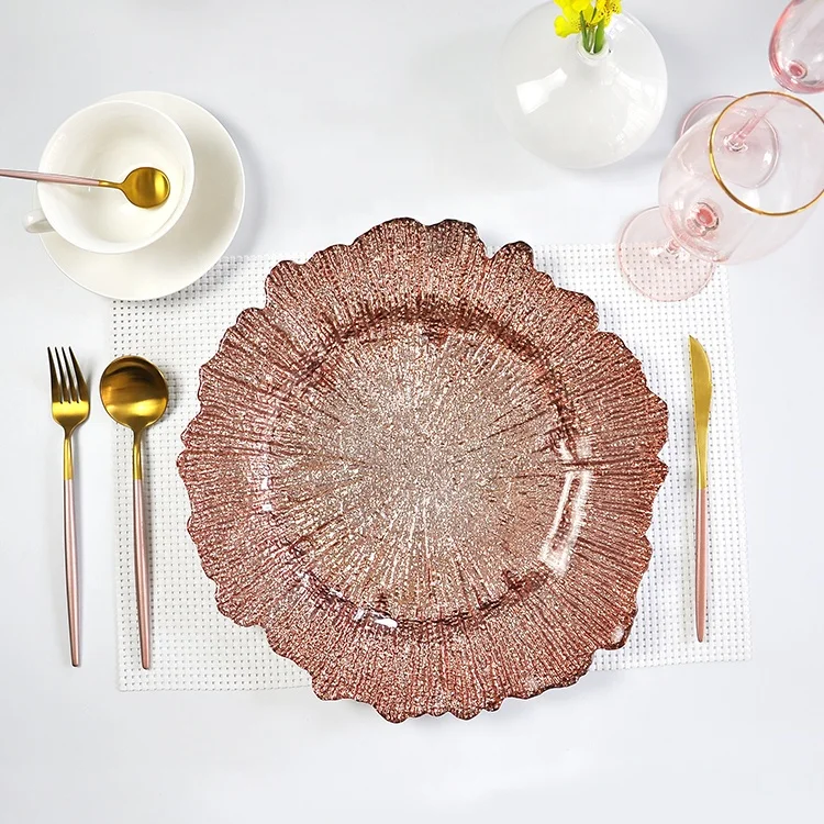 wedding decoration vintage irregular reef rose gold glass charger plates in bulk