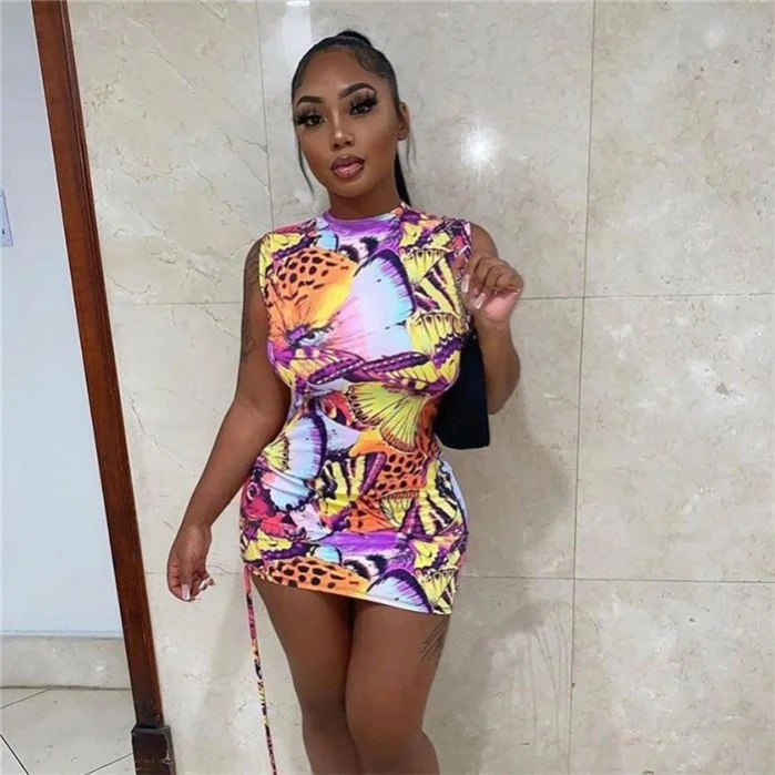

2021 Summer Sleeveless Butterfly Printe Dress Backless Sexy Mini Dress