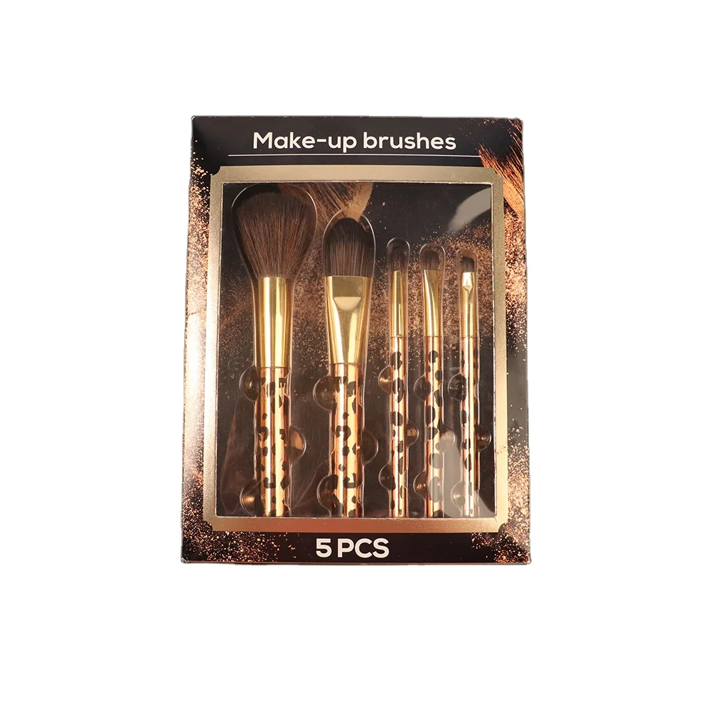 

5pcs Travel Portable Makeup Brushes Premium Luxury Gold Color Plated Leopard Print Cosmetic Brushes Foundation Powder Eye Brush